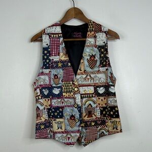 Vintage Vest Women XS Noahs Ark Gold Glitter Cotton Waistcoat Handmade in Canada